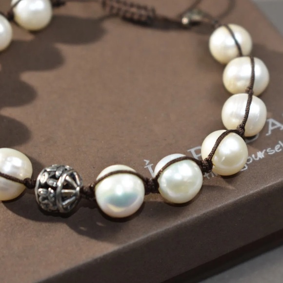 Silpada Vintage Sterling Silver & Genuine Large Pearls Brown Corded Bracelet - Picture 2 of 7